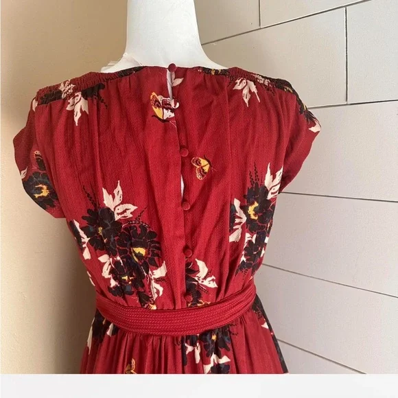 Free People All I Got Maxi Dress Prairie Floral Red waist tie size 4 Cap Sleeves - Picture 3 of 6
